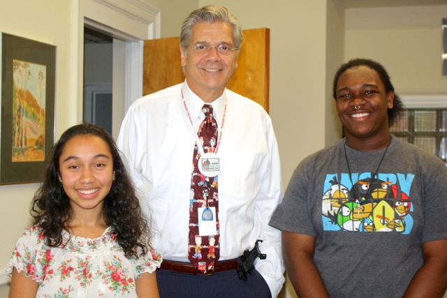 Dr. Licopoli meets with PHS Mercury editor Paige Hill and reporter Sterling Fite.