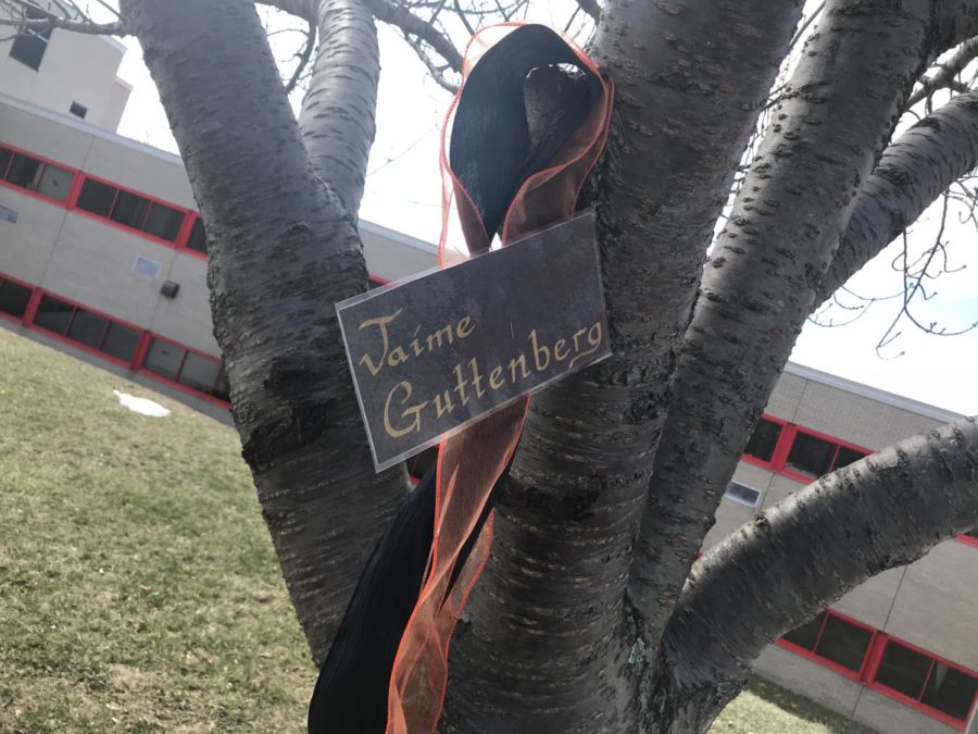 A+ribbon+outside+Peekskill+High+School+memorializes+a+victim+of+the+Parkland+shooting.+